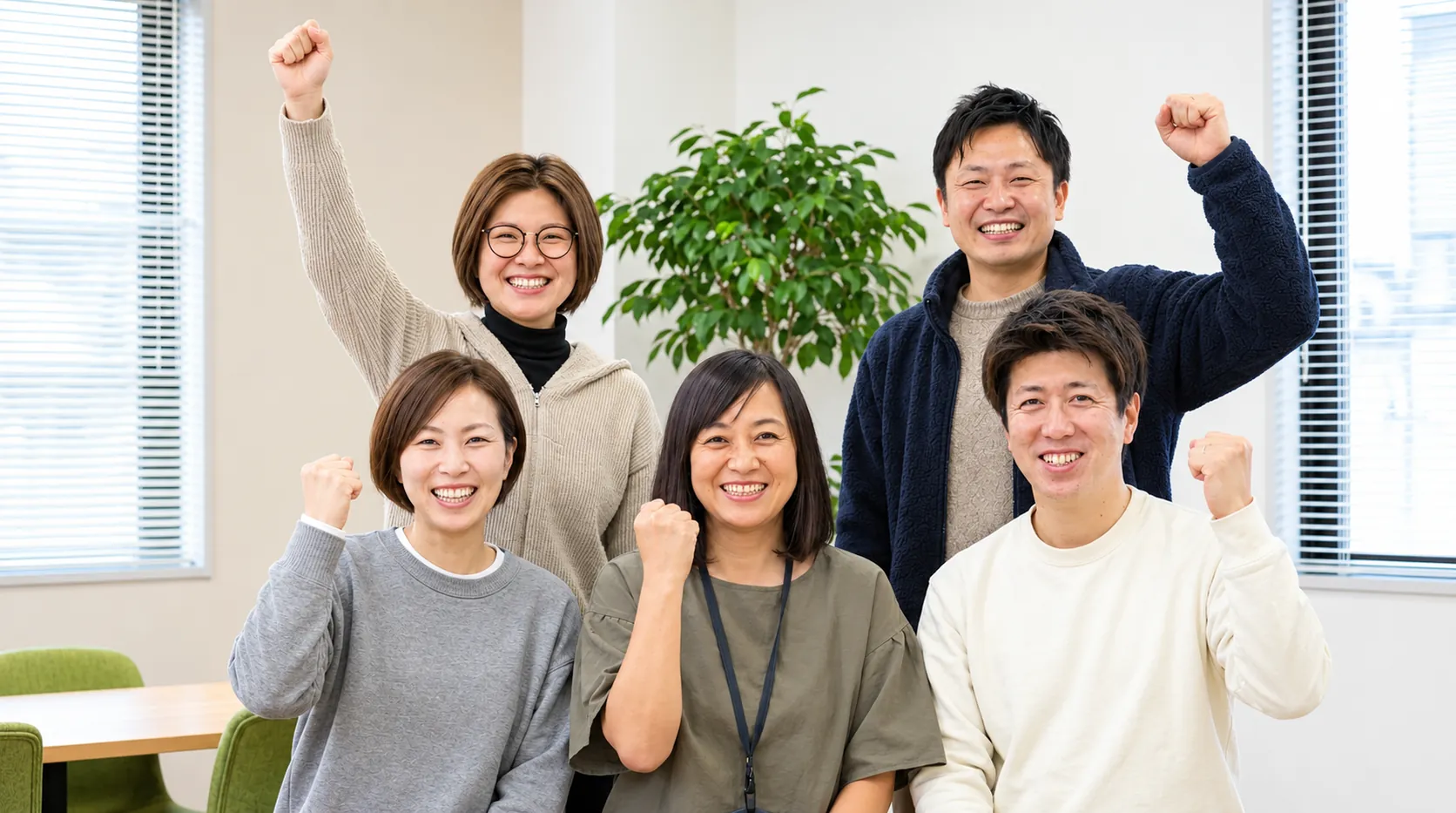 笑顔で拳を上げる5人の集合写真