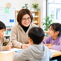 子どもたちと机を囲む保育士の仕事の様子