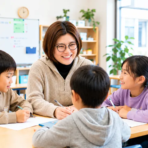 子どもたちと机を囲む保育士の様子